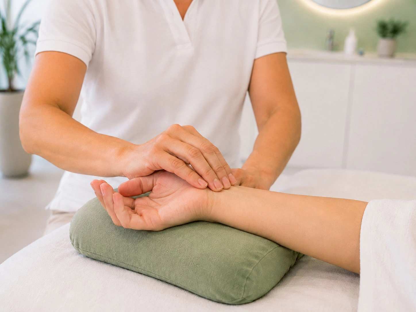 Pulsdiagnostik am Handgelenk einer Patientin beim TCM Checkup im Akupunktur Zentrum Chur