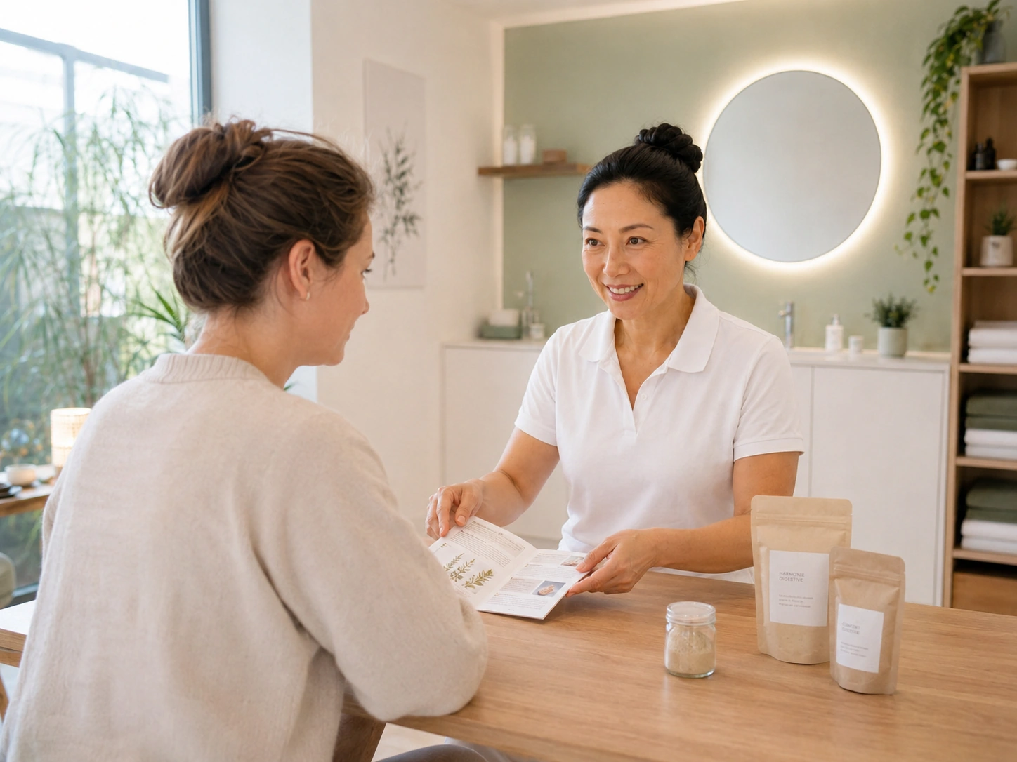 TCM-Therapeutin bespricht mit einer Patientin am Tisch eine individuelle Kräuterrezeptur im Akupunktur Zentrum Chur