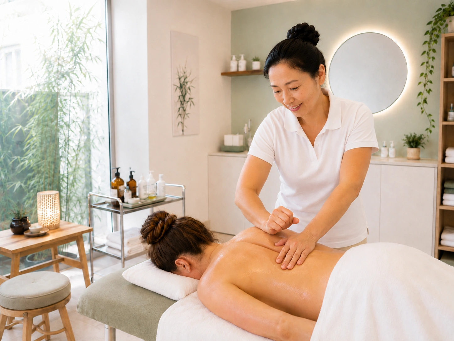 Therapeutin bearbeitet mit Faust- und Handflächendruck den Rücken einer liegenden Patientin bei einer Tuina Massage im Akupunktur Zentrum Chur